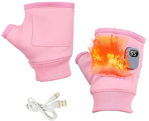 JOJOCY Wiederaufladbare Beheizte Arbeitshandschuhe, Fingerlose Beheizte Handschuhe, Touchscreen Halbfinger Handschuhe, 3 Stufen Heizhandschuhe für Motorrad Wandern Radfahren Camping (Rosa)