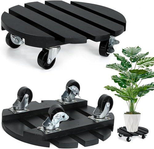 Duscdesp 2 Stück Pflanzenroller Rund 30cm Blumenroller, Holz Rollbrett Pflanzen mit 360° Feststellbare Räder Schwerlastbereich Blumentopf Untersetzer mit Rollen Indoor Outdoor Wetterfest (Schwarz)