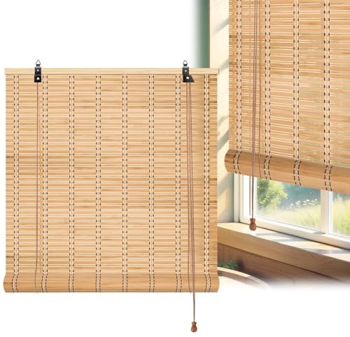 Natürlich Bambusrollo Mit Lifter, Sonnenschutz Raffrollo Mit Hakenaufhängung, Anpassbar 45-180cm Bambus Rollos Outdoor Sichtschutz Einfache Montage Für Küche Balkon Schlafzimmer Gartenlauben