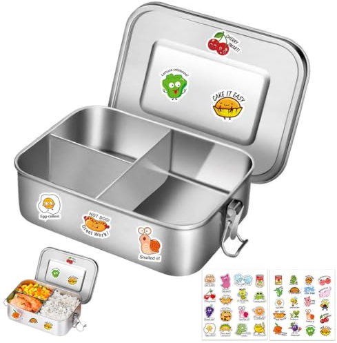 Umllpet Edelstahl Brotdose mit Fächern, 1200ml Lunchbox, Bento Box Kinder,Metall Vesperdose Auslaufsicher mit 3 Fächern,Lunchbox Auslaufsicher,Jausenbox Brotbox für Kinder Erwachsene,Spülmaschinenfest