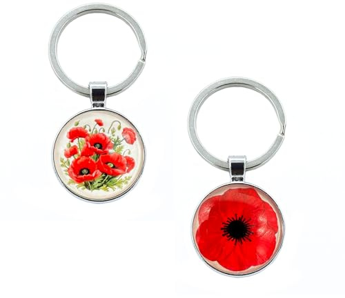 Auony Lot de 2 porte-clés en forme de coquelicot rouge pour clé, sac à main, sac à dos, Rouge et argent., taille unique