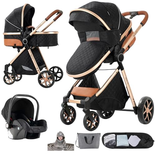 Nine point nine Kinderwagen 3 in 1, Kinderwagen Set mit Umkehrbarem Doppelschiebemodus, Kombikinderwagen 3 in 1 mit Großer Bequemer Babywanne, Rahmen Aluminiumlegierung (YV9 Black)