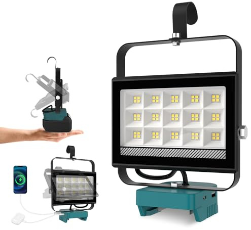 ILIKEPOW Projecteur LED Rechargeable pour Makita 18V Batterie,60W 4500LM Projecteur LED Chantier Portable, Lampe LED avec Charge Type C & USB pour Camping, Chantier, Garage, Atelier(Sans Batterie)