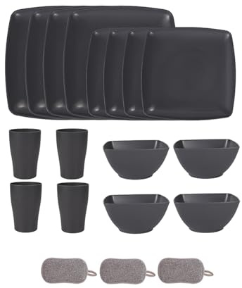 Juego de Cuadrados Vajilla de Plástico,Reutilizable Tazones Platos Vasos,Platos Coloridos Irrompibles,Apto Para Microondas y Lavavajillas,Gran Capacidad,Para Casa y Camping (Gris Oscuro, 16 Piezas)
