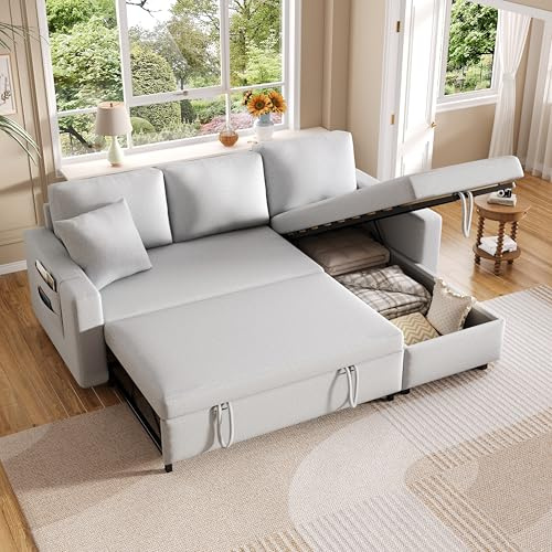 Oxtao Modernes L-förmiges Sofa, modulares Schlafsofa, ausziehbares Schlafsofa mit Schlaffunktion, ausgestattet mit Stauraum, Links und rechts austauschbare Chaiselongue, Leinen (Hellgrau-A)