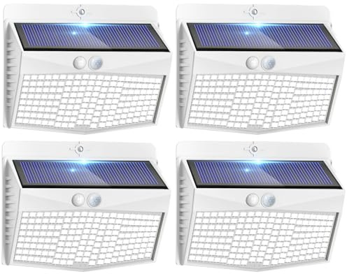 Peasur Lampe Solaire Exterieur Detecteur de Mouvement Lot de 4, LED Lumiere Extérieur avec Détecteur, 3 Modes/etanche Spot Solaire, Eclairage Extérieure pour Jardin Murale Garage, Blanc Froid