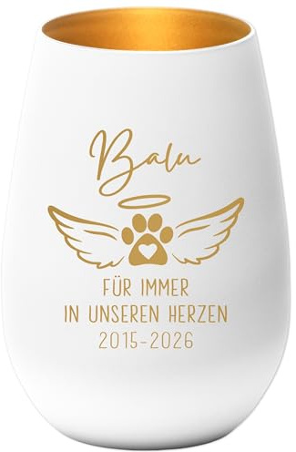 Trauergeschenk Hund Trauerlicht personalisiert Andenken an verstorbenen Hund Windlicht Trauer Geschenk zur Erinnerung Trauerkerze Gedenkkerze (Weiß)
