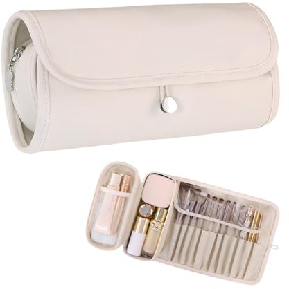 Trousse Porta Trucco da Donna Elegant, Borsa Porta Trucco Grande Capienza, Borsa Porta Cosmetici con Scomparto Separato per Pennelli, Borsa Porta Pennellis da Trucco per Casa Viaggio (Bianco)