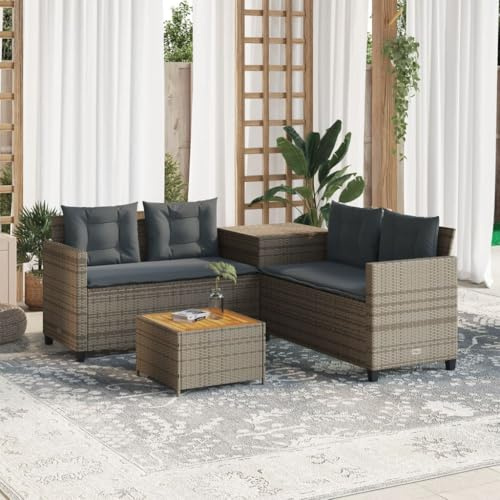 Tonture L-förmiges Gartensofa mit Beistelltisch, Stauraum, wasserfestem Innenbeutel, Grau Poly Rattan, 4-Sitzer Outdoor Lounge Set für Terrasse, Balkon
