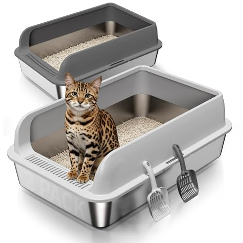 Fusblom Edelstahl Katzenklo mit Deckel, 2 Stück Metal Katzenklo XXL