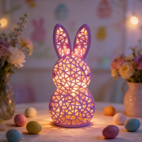 Timasser Osterdeko Hasenlampe Ostern 3D Gedruckt Osterhase Figuren mit LED Lichterkette Nachttischlampe Rosa Osterdeko Innen für Wohnzimmer Büro und Schlafzimmer (E)