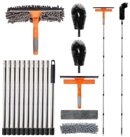 14FT/4.3M Gutter Cleaning Tools with 11 Poles Telescopic & Window Squeegee | Adjustable Telescopic Gutter Cleaning Brush for Cleaning Glass, Mirrors, Cars, Roofs Leaves & Gutters