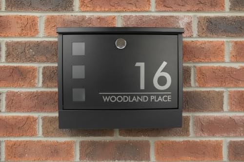 Personalised Engraved Letterbox Wall Mounted Lockable Steel Postbox – Custom House Name, Number or Address – Weatherproof Outdoor Mailbox – Black – Made in UK Housewarming Gift Design 8