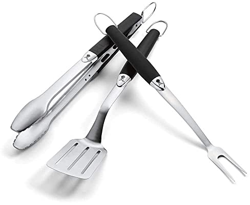 Weber Premium Grill Tool Set, 3-Piece Made of Stainless Steel, consisting of Grill Tongs, Turner, and Fork, with Practical Handles, Dishwasher Safe - Silver (6630)
