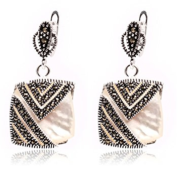 Sweet & Happy Girl's Store 18mm quadratische wei?e Muschel Perlen tibetischen Silber Markasit Basis baumeln Ohrstecker Schmuck