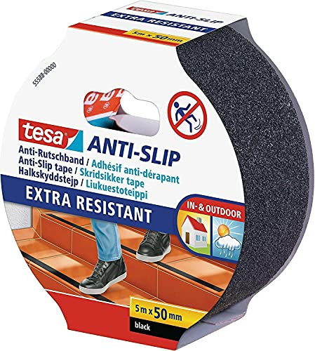 Tesa Nastro Antiscivolo - Adesivo Antiscivolo per L?Uso Interno Ed Esterno - per Scale e Pavimenti Lisci - Nero - 5 m x 50 mm