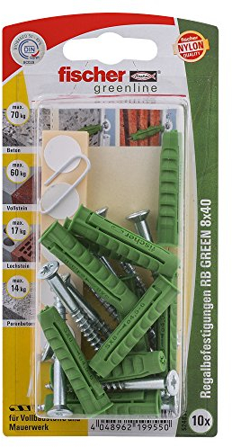 Fischer Regalbefestigung RB Green 8x40 K, Inhalt: 10 x Spreizdübel SX, 10 x Schraube 5 x 50, je 10 x Aufkleber schwarz/weiß/braun/grau, 524831
