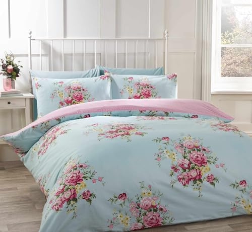 Rapport Home Kate Flannelette Floral Cotton Duvet Cover Set, 100% Brushed Cotton Blue Super King Quilt Cover