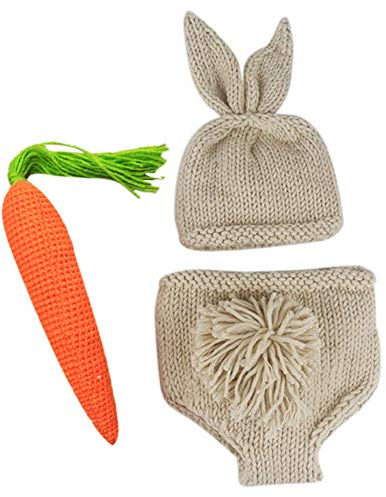 FYMNSI Disfraz de conejo para recién nacido, accesorios de fotografía, gorro de oreja, pantalones cortos y zanahoria, 3 piezas, caqui, Talla única