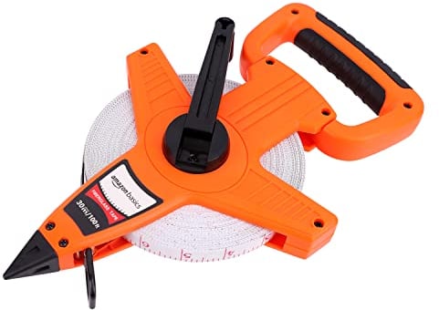 Amazon Basics Offenes Rollbandmaß, Glasfaser, 100 Fuß (30 m) , Skala, stoßfestes Gehäuse, Orange