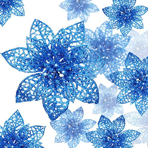 Boao 24 Stück Weihnachtsstern Glitter Weihnachtsbaumschmuck Weihnachtsblumen Dekoration (blau)
