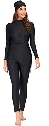 seafanny Womens' 3 Pieces Muslim Swimwear Full Cover Hijab Burkini Modest Swimsuit(Black 12-14) XL