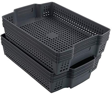 Zerdyne Gray Plastic Stacking File Organizer Tray Basket, Stackable Paper Storage Basket Tray, 6 Packs