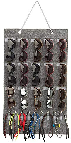 Wall Organizer for Glasses Felt Bag, 15 Slots Sunglasses Organizer Storage, Felt Hanging Glasses Storage Pockets, with 3 Card Slot and 9 Multifunctional Buckle, for Earphones, Data Cable, Keys (Gray)