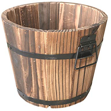 Happyyami Wooden Round Barrel Planter Retro Style Flat Mouth Flower Pot for Home Office Garden Decor Large Design with Drainage