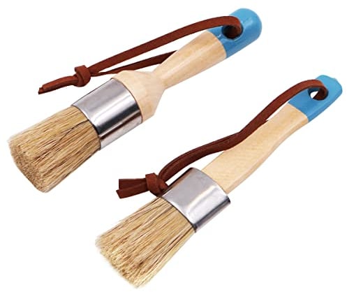 ANCLLO Juego de 2 pinceles de pintura de tiza y cera para muebles, herramienta de pintura y encerado, pincel redondo para pintura de tiza, plantillas, cerdas puras naturales