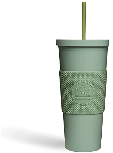 Neon Kactus Happy Camper Thermo Becher mit Strohhalm und Deckel, Lebensmittelechte Silikonhülle, Doppelwandig, Auslaufsicher, Matt-Pastellfarbe, Mehrweg Acryl, gestaltbares DIY-Geschenk, 650ml