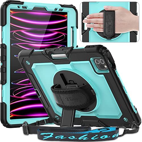 Timecity Case for iPad Pro 11 inch 2022/2021 (4th/ 3rd Generation), Shockproof Case with Screen Protector, Swivel Stand, Handle, Shoulder Strap, Pencil Holder Case for iPad Pro 13 Inch-Hellblau