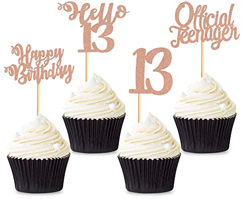 Blumomon Rose Gold Glitter 13th Birthday Cupcake Toppers Happy Birthday Cupcake Toppers 13 Official Teenager Cake Decorations for 13 Birthday Teenager Theme Party Supplies
