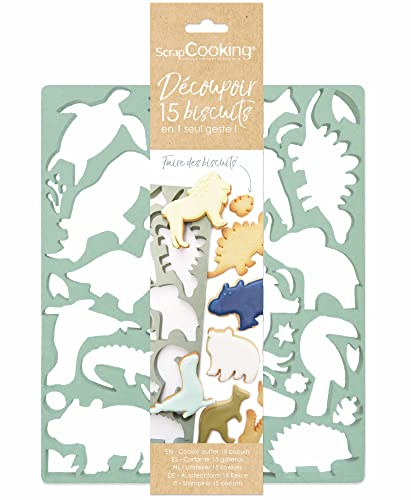 SCRAP COOKING - Plaque Découpoir 15 Biscuits Animaux - Moule Pâtisserie avec Formes Emporte-pièces pour Biscuits, Sablés, Décoration - Dinos, Lion, Éléphant, Ours - Vert - 2074