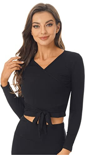 Zaldita T-Shirt de Danse Ballet Femme Manche Longue Corp Top Haut de Sport Yoga Coton Cache Coeur Col V Chemise de Danse Ballet Dancewear Noir L