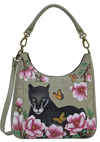 Anna by Anuschka Damen Hobo, echtes Leder, groß, klassisch, handbemalt, originelles Kunstwerk außen, Garten, Garden Panther