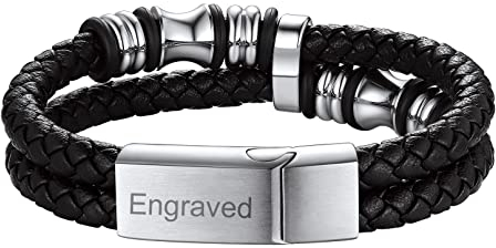 Custom4U Herren Armband mit Textgravur Premium Männer Leder Wickelarmband Geflochtene Perlen Armbänder mit Magnetverschluss aus Edelstahl in Silber Länge 19cm Herren Männer Schmuck Geschenk