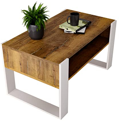 Couchtisch KARO rechteckiger Kaffeetisch aus Holz Modern Teetisch 95 x 53,6 x 45cm massiv und stabil (Halifax Eiche/Weiss), 0012