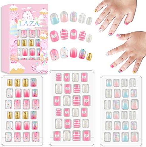Laza 72pcs Nails Press On Pre-glue Full Cover Gold Silver Glitter Pink Blue Shell Star Heart Short False Nail Kits for Teenager Girls - Glitter Stars