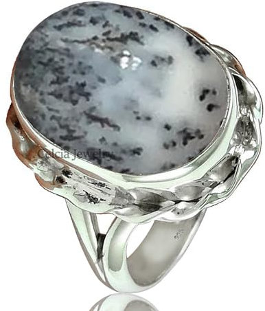 Echter dendritischer Opal-Edelstein-Ovalring, reiner 925er Sterlingsilber-Damen-Handarbeitsring, Statement-Ring, Alltagsring, attraktiver Schmuck (Dendritischer Opal, Größe 6,5)
