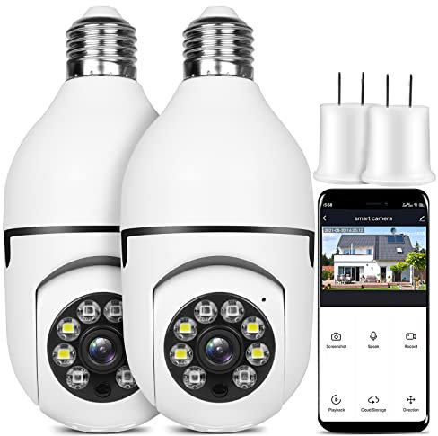 OFYOO Light Bulb Security Camera 2pcs, 1080P Wireless WiFi Home E27 360° Panoramic Security Camera Motion Detection and Alarm Two-Way Audio, Support Alexa, 5GHz WiFi