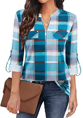 Siddhe Chemisier à manches 3/4 pour femme avec col en V et manches longues Tunique, Bleu clair à carreaux, XXL