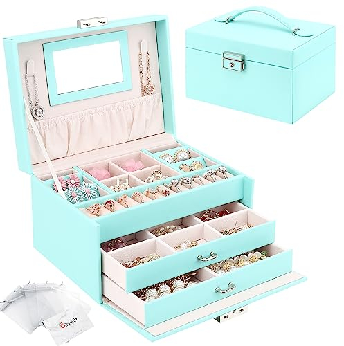 Jewellery Box Organiser, 3 Layers PU Leather Jewelry Storage Case with Mirror and Lock, Lockable Jewellery Organiser with 2 Drawers for Rings, Bracelets, Earrings, Mint Green