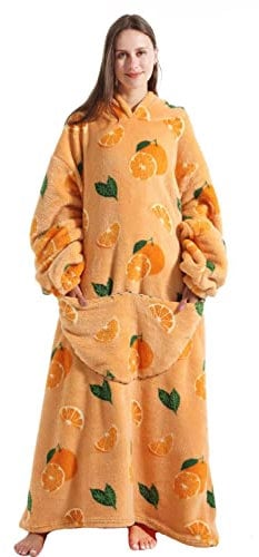 Seogva Extra Long Wearable Blanket Hoodie, Oversized Blanket Sweatshirt for Women and Men, Super Warm and Cozy Giant Hooded Blanket, Thick Flannel Blanket with Sleeves and Giant Pocket Orange