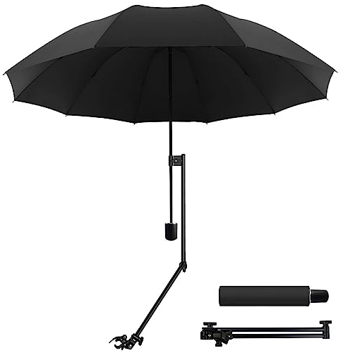 WILRAY Paraguas ajustable UPF 50+con abrazadera universal ajustable, para sillas, bolsas de golf, cochecitos, sillas de ruedas, patio, paraguas portátiles, Negro-M., M