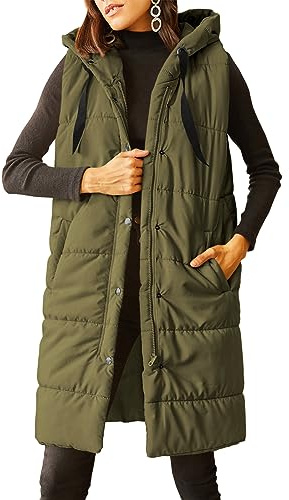 Grlasen Women's Long Quilted Puffer Vest Sleeveless Hooded Button Down Padded Coats Jacket Outerwear with Pockets