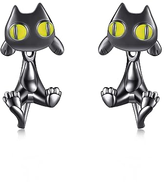 POPLYKE Schwarze Katze Ohrringe für Damen 925 Sterling Silber Katze Schmuck für Mädchen Schwarze Katze Geschenke für Katzenliebhaber Hypoallergen