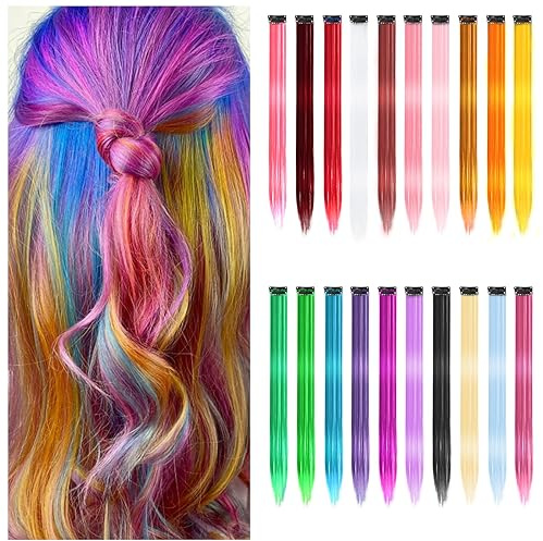 20 PCS Rainbow Colored Clip In Hair Extensions, 55cm/ 22inch Straight Extensions for Party, Festival Hair Accessories