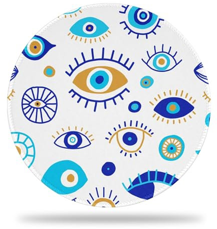Round Desk Mat, 8.8 Doodle Drawing Evil Eyes Round Gaming Mouse Pad, 8.8 Blue Talismans Mouse Pad with Non-Slip Base and Stitched Edge, Round Computer Keyboard Mouse Mat for Home Office Work