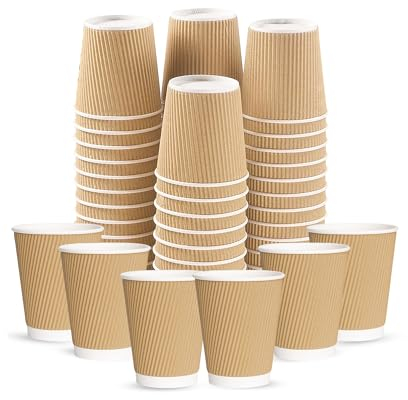 CHEF ROYALE Lot de 30 tasses à café jetables en papier kraft ondulé de 237 ml avec couvercles – Gobelets en carton pour boissons chaudes et froides – Tasses à café isothermes à emporter pour boissons